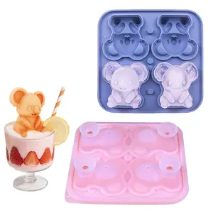 3D Koala Shape Ice Cube Mold Pink Silicone Tray with Lid 4-Cavities Reusable Large Ice Molds for Whiskey Cocktails Halloween Party Supplies