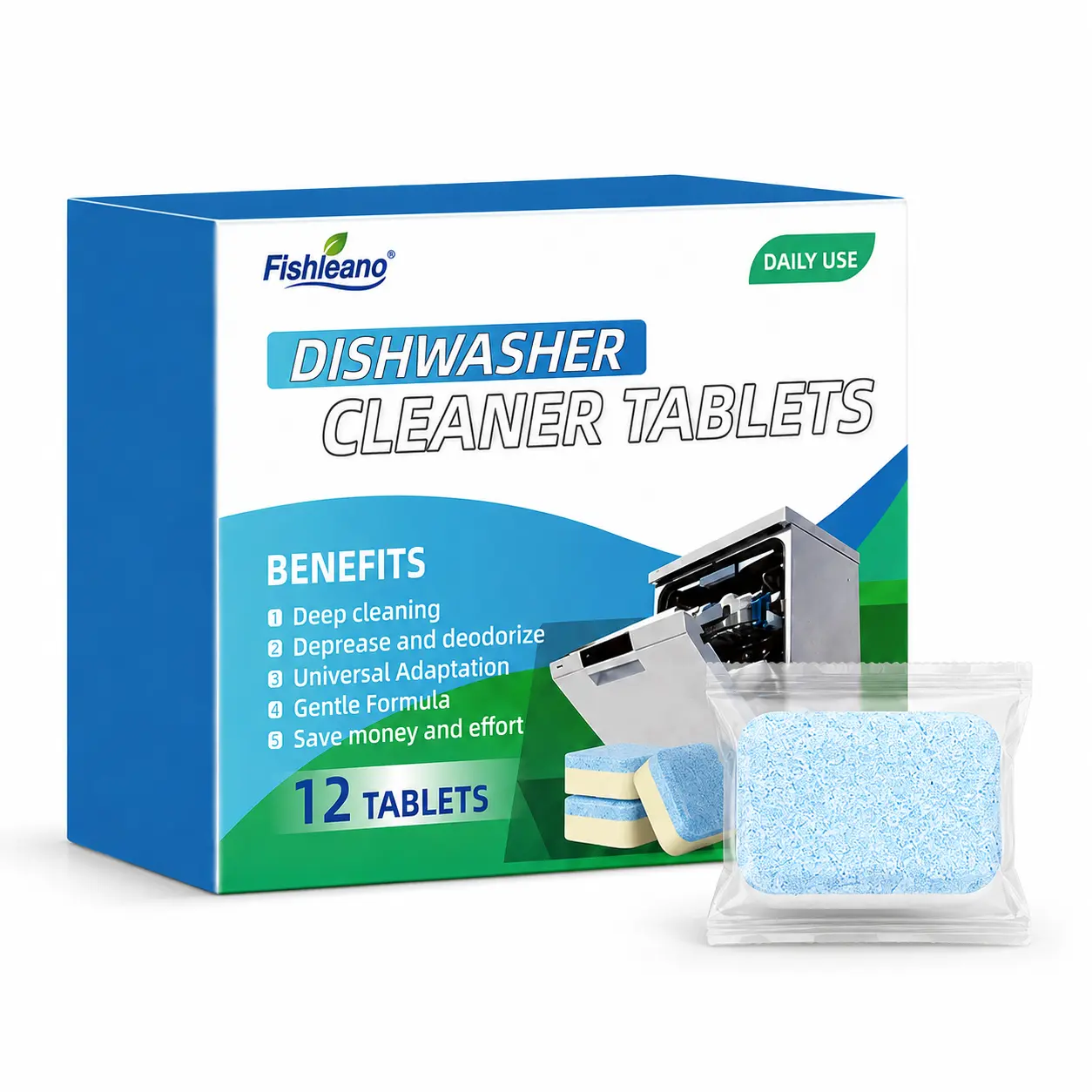 Household Dishwasher Cleaning Tablets - 12 Count (11g Each) Stainless Box, Non-Toxic Nickel-Free Scented Earth-Friendly Formula, Cleans Internal Parts, Descales, Deodorizes, Easy to Use, Eliminator