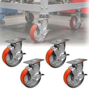6" Industrial Polyurethane Caster Wheels Set of 4, Noiseless Swivel Wheels on Steel Hubs, 4800 Lbs Capacity, Swivel Plate Casters with Brakes for Workbench, Cart, Machine