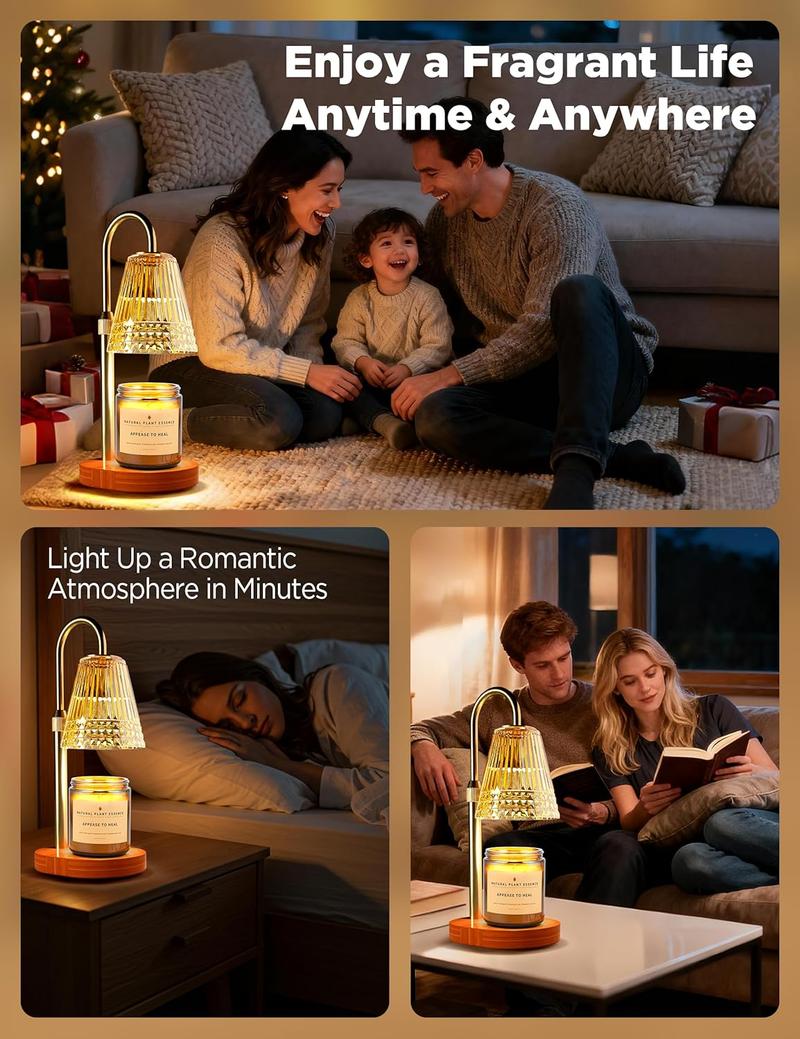 Limited Luxury Wax Warmer Lamp! Dimmable Aromatherapy Candle Lamp, Retro Glass Shade, Bedroom Ambient Sleep Aid Lamp，House Warming Gifts New Home,Gifts for Women, Golden Glass Shade, Wood Base