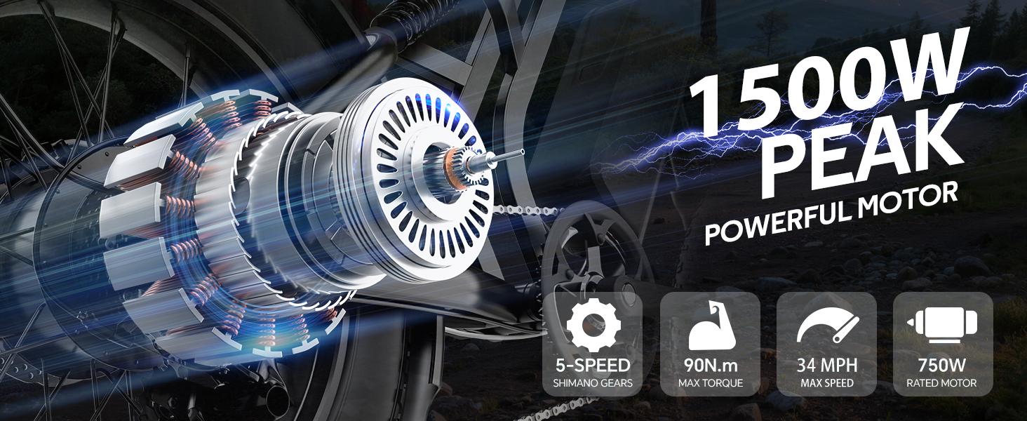 【HIEHA】All-Terrain 1500W Peak Motor Electric Bike – 34MPH Speed, 48V Removable Battery, Dual Suspension & Fat Tires for Off-Road & City Adventures, Turn Signals & Brake Light for Safety, Perfect for Mountain Trails and All-Terrain Use