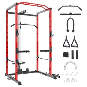 Multi-Functional Power Rack with LAT Pulldown, with Cable Pulley System and J-Hooks, with Dip Bars and Landmine Attachment, for Home Gym(Black/Red)