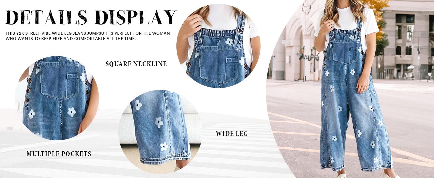 utcoco Women Floral Printed Adjustable Strap Denim Bib Overall Wide Leg Jeans Casual Baggy Overalls Jumpsuit