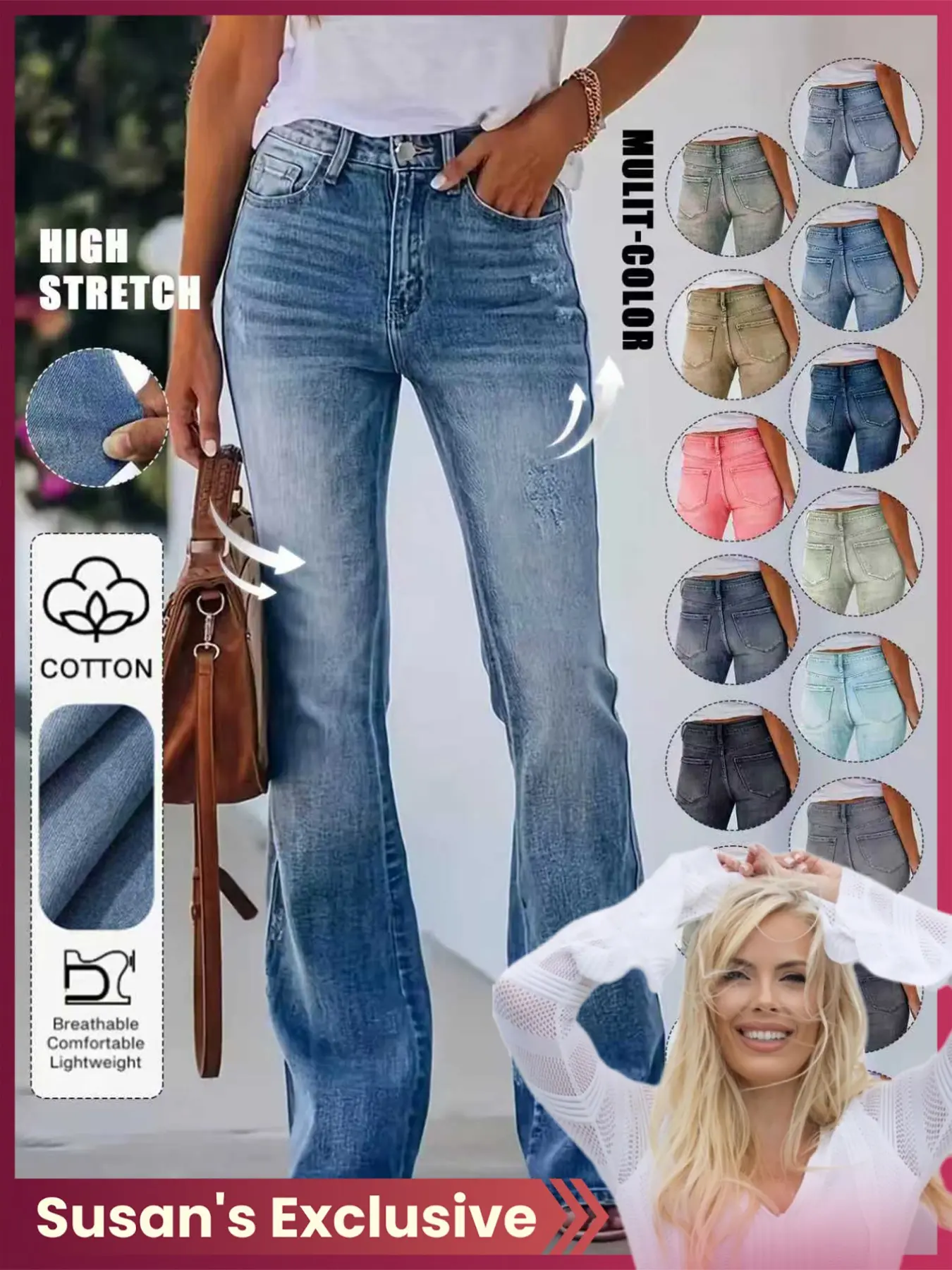 【Susan's Exclusive】 Women's Gradient Color Fitted Denim Bell Bottoms, Casual Fashion Jean Pants Trouser with Pockets, Natural Waist, All Seasons Wear