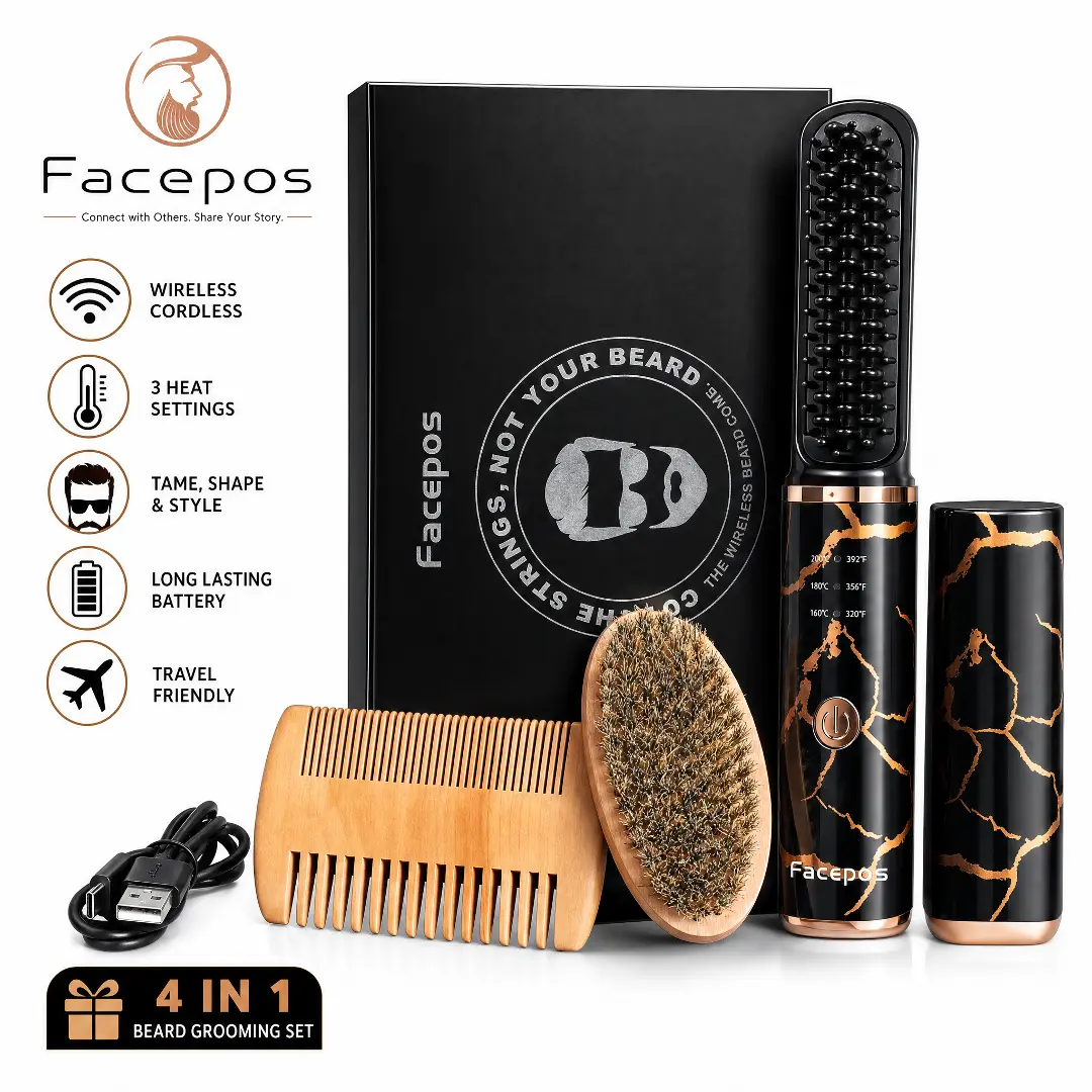 FACEPOS Wireless Heated Beard Straightener Comb for Men – Cordless Beard Brush with 3 Heat Settings, Anti-Scald Design + Bonus Beard Brush & Wooden Comb