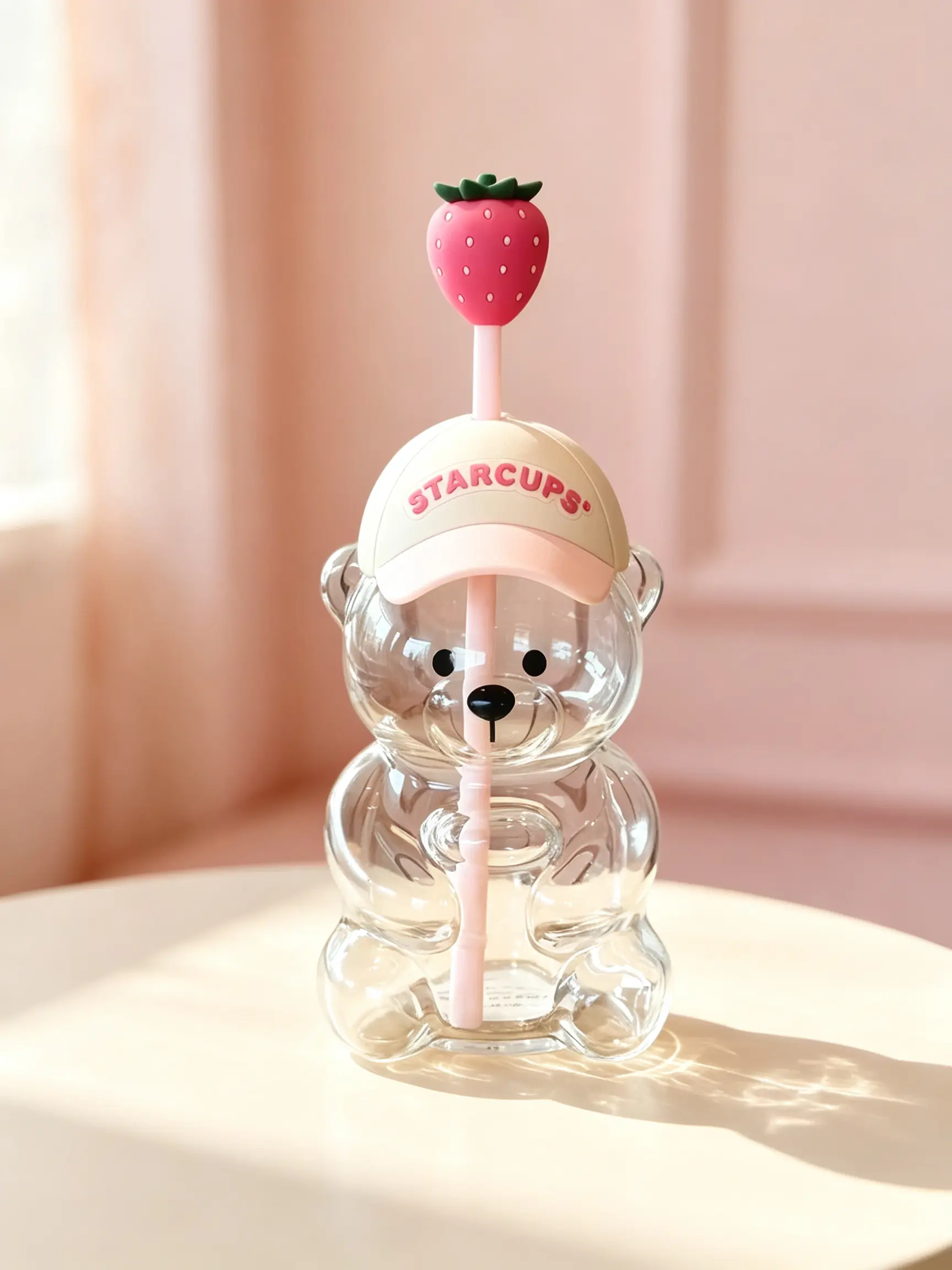 Strawberry Bear Straw Cup Glass Bear Cup with Lids and Straws Cute Coffee Mugs 20oz Drinking Water Bottle Reusable Party Mug for Milk Tea, and Cocktails, Dishwasher Safe