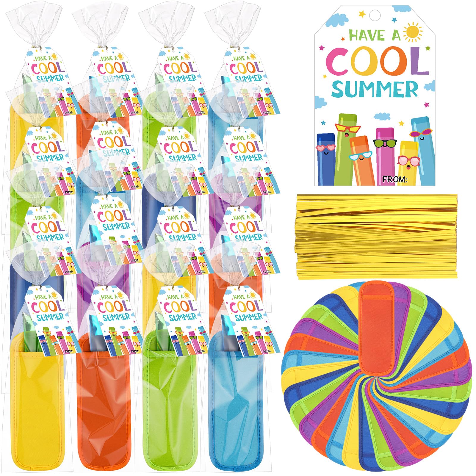 24/30 Pack End of School Year Gifts Reusable Ice Pop Sleeves with Gift Cards & Ribbon, Multicolor Washable Neoprene Popsicle Holders for Students, Classroom Prizes, Summer Favors