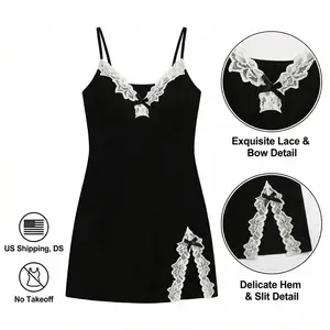 Sexy Satin Chemise with Lace Trim & Side Slit, V-NeckNightgown with Bow, Soft Sleepwear for Date Night &Loungewear, Perfect Gift for Her