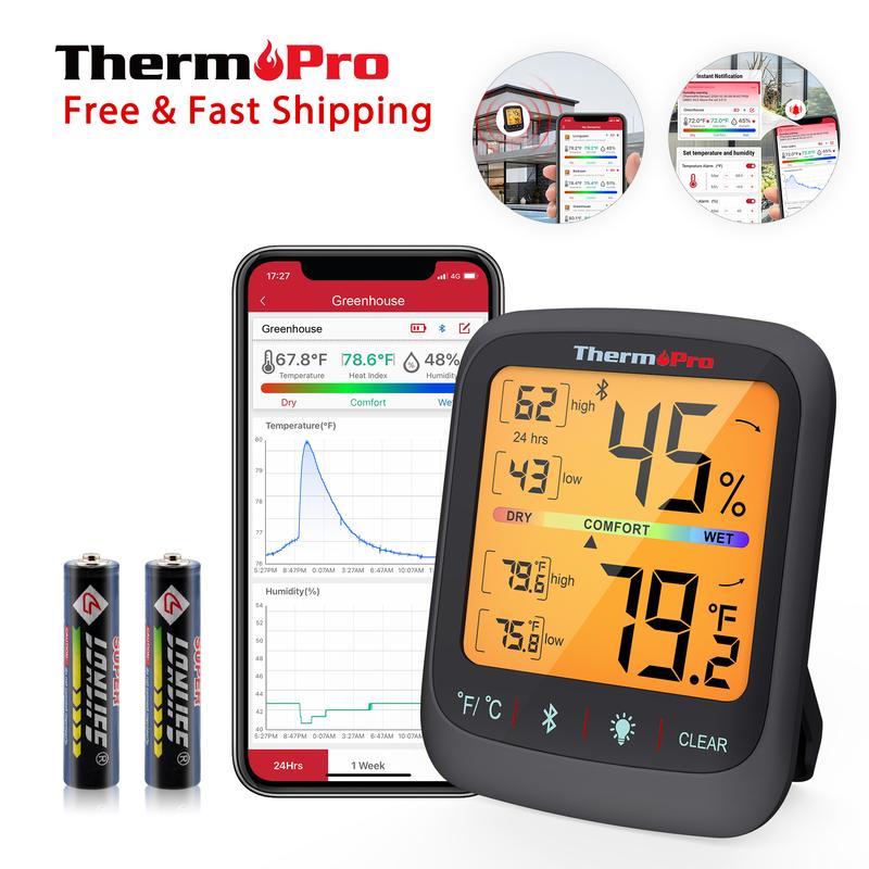 ThermoPro Bluetooth Hygrometer Thermometer TP350 & TP359W, Indoor Room, Home Temperature and Humidity Monitor, High Accuracy Sensor, App Alerts, Data Export, Backlit LCD, Max/Min Records