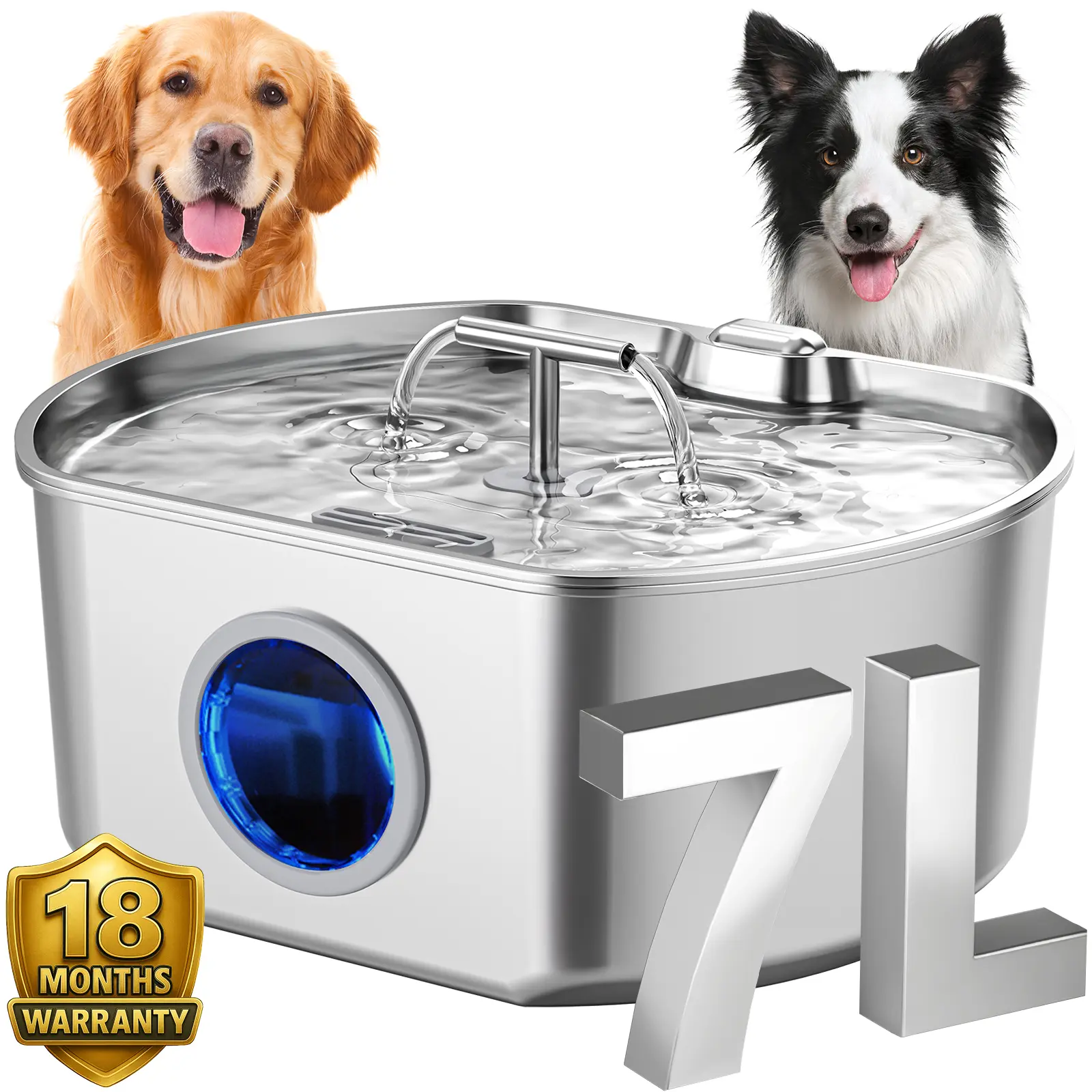 NEAREAL 7L Stainless Steel Automatic Water Bowl for Dogs & Cats - Dual-Outlet, Natural Flow, Quiet Pump, Auto Circulating, Long-Lasting Hydration, 18 Months Warranty, Drinking Water Bowl, Quadruple Filtration