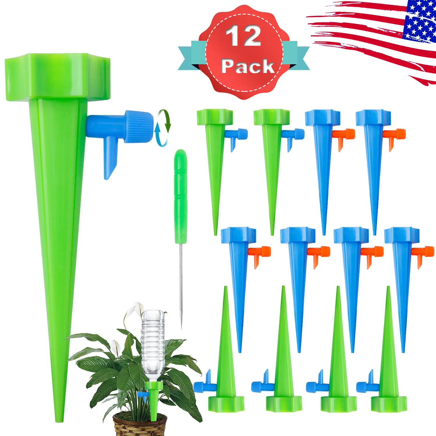 12-Pack Plastic Automatic Watering Kit, Plant Watering Devices with Adjustable Control Valve, Pointed Spikes, No-Drip Easy-to-Use 5.3x1.5" Indoor/Outdoor Irrigation for Vanilla, Hanging Baskets (Boxed Pack)
