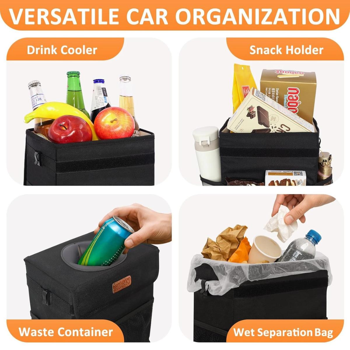 Car Trash Can Bin with Lid Hanging for Back Seat, Car Accessories for Women Men Leak Proof Automotive Garbage Cans Leakproof Vehicle Trash Can for Truck SUV Black