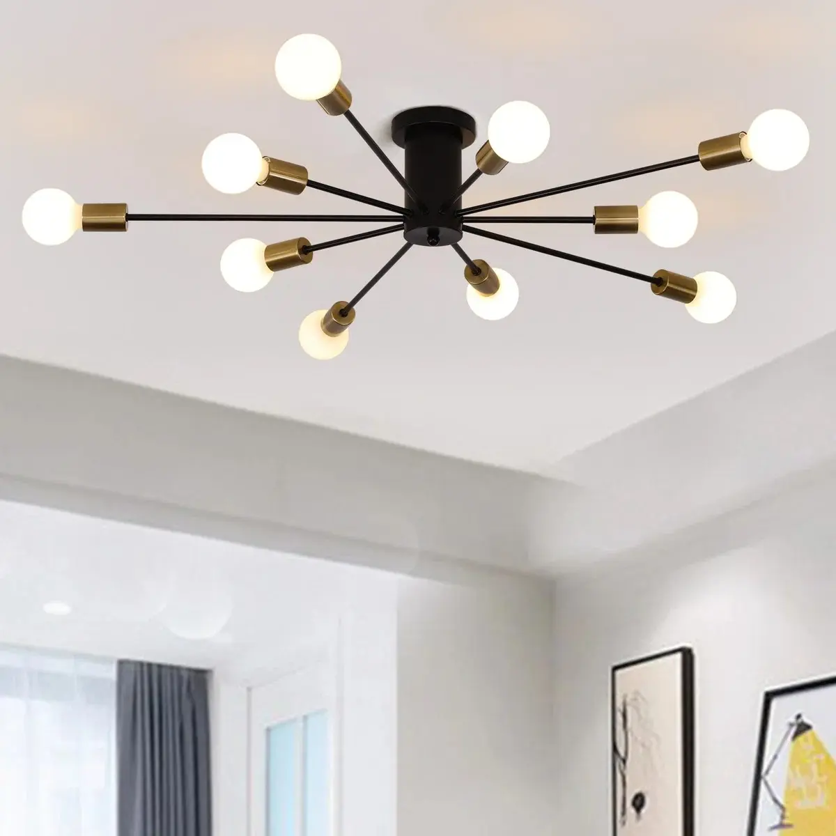 Garwarm 10-Light Modern Sputnik Chandelier - Mid Century Industrial Metal Frame Semi Flush Mount Indoor Ceiling Lamp, Unique Style for Home Decor, Interior Design, Dining Room, Lighting