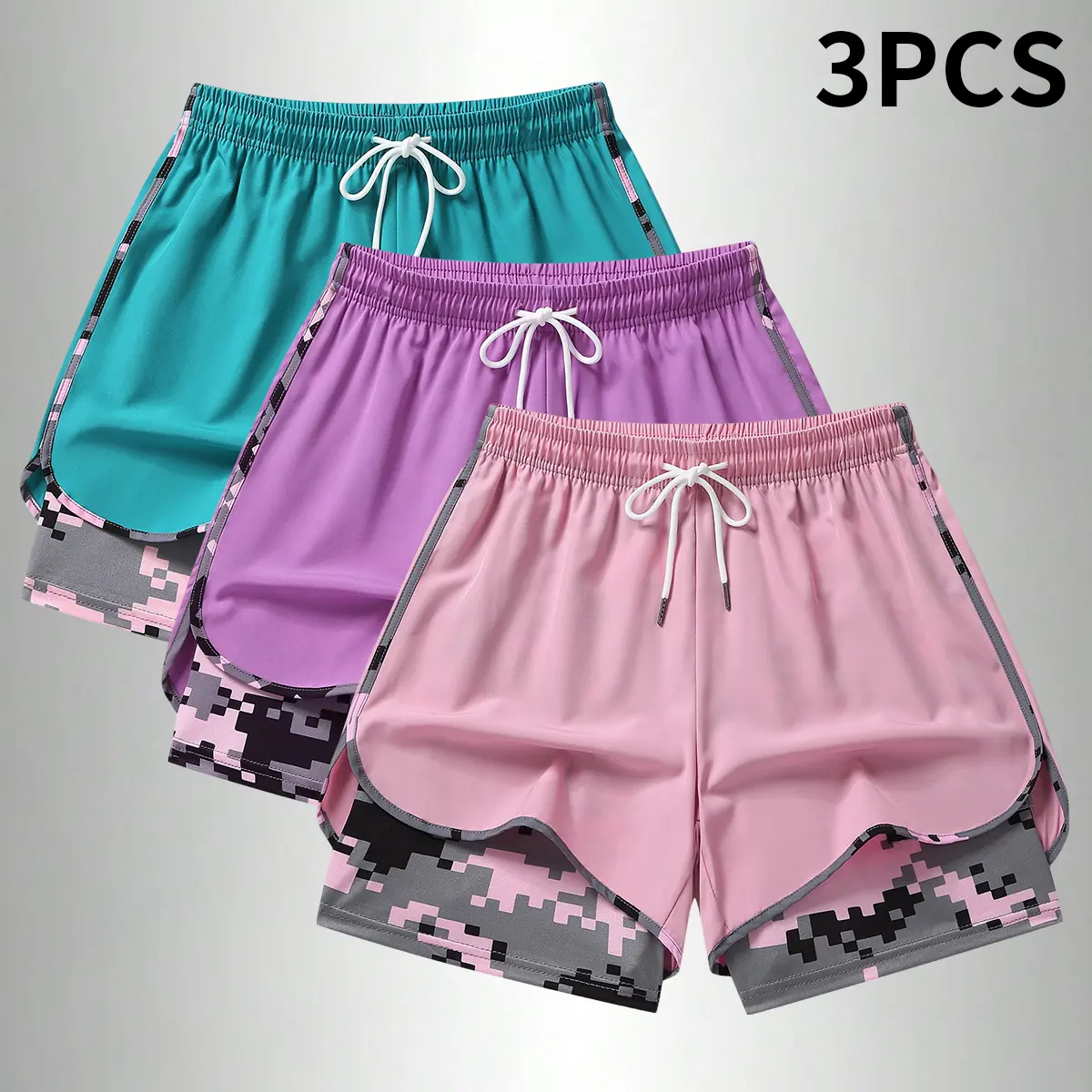 3PCS Women's   Sports Shorts, Camo Lined Polyester Athletic Shorts, Regular Fit， Elastic Drawstring Waist, Casual Lightweight Shorts for Running, Gym Workouts & Daily Casual Wear,summerwins,travel essentials,camping essentials