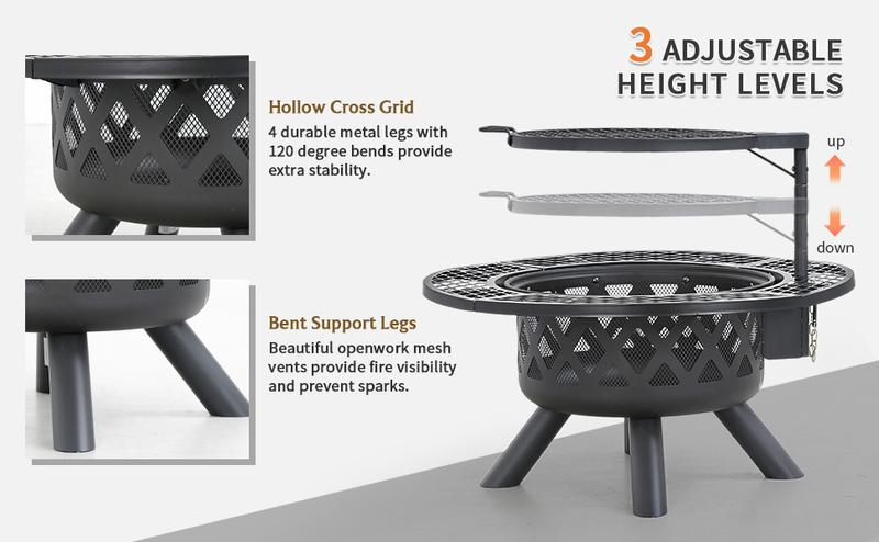 BALI OUTDOORS 2-in-1 Wood Burning Fire Pit with Removable Cooking Grill Black Ultra-Durable Iron Grate 360-Degree Rotation Adjustable Height for Heating and BBQ Christmas gift