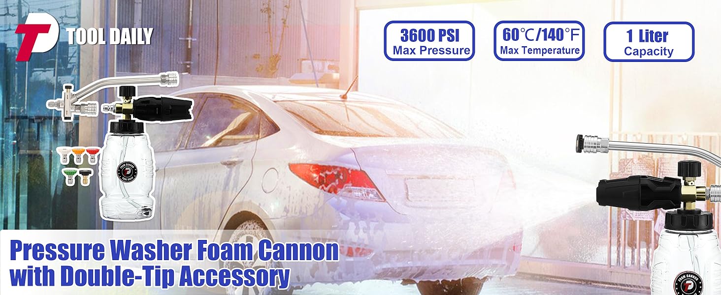 Tool Daily Pressure Washer Foam Cannon with Dual Connector Accessory, Double Tip Attachment for Soap Cannon, 5 Power Washer Nozzle Tips, 1/4” Quick-Connect, ChristmasGift
