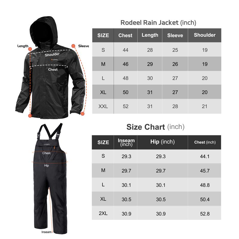 【RODEEL】Waterproof Bib Overalls Rain Suit Men Lightweight Breathable Full Zip Hooded Jacket Durable Rain Coat Weatherproof Rainwear Windbreaker For Outdoor Sports Hiking Camping Fishing Construction Roofing Landscaping Workwear, Holiday Gift