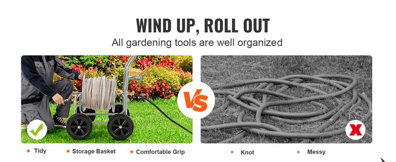 VEVOR Hose Reel Cart for Garden Watering with Storage Basket, TikTokShopBlackFriday, Mobile Tools and 4 Wheels, Heavy Duty Powder-coated Steel, 300 ft Capacity