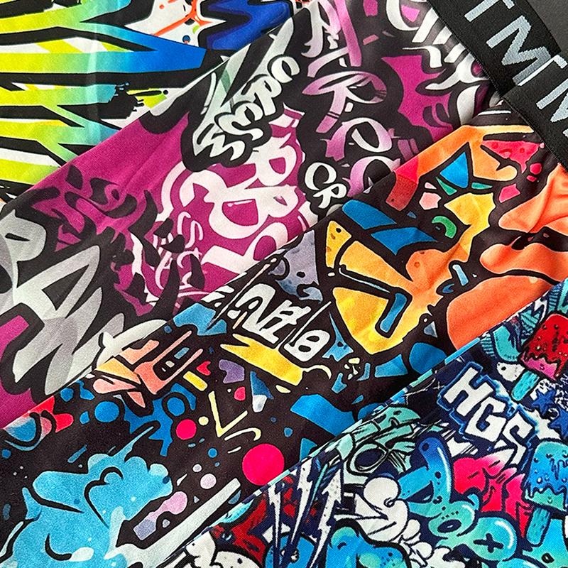 4-piece set of men's long printed boxer briefs, elastic and comfortable casual sports underwear, trendy graffiti-style prints, street style, breathable and thin fabric for sports, fitness, and daily wear Menswear Soft 4-piece set of men's long printed boxer briefs, elastic and comfortable casual sports underwear, trendy graffiti-style prints, street style, breathable and thin fabric for sports, fitness, and daily wear Menswear Soft