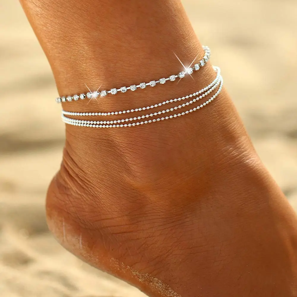 ASCOMY Silver Layered Anklet for Women | 4 Layered Cubic Zirconia Tennis Anklet | Tarnish Free Hypoallergenic Waterproof | Summer Beach Jewelry Jewellery