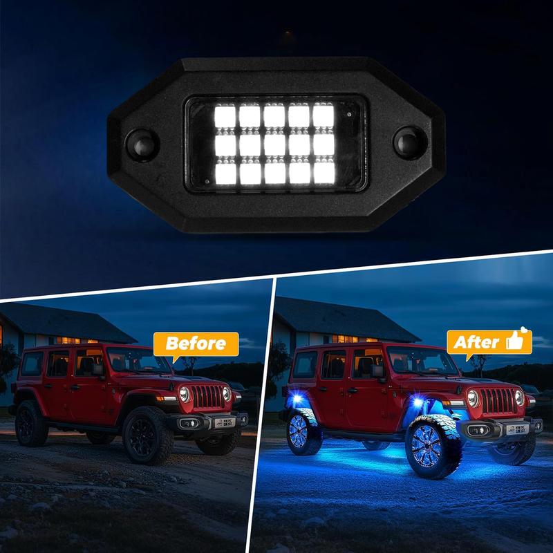 8/10/12pcs RGB LED Rock Lights for Truck Semi Offroad Pickup Trailer Sedan Boat, 12V Waterproof APP Control Music Mode Underglow Neon kit with Extension Wires, Wheel Well Lights