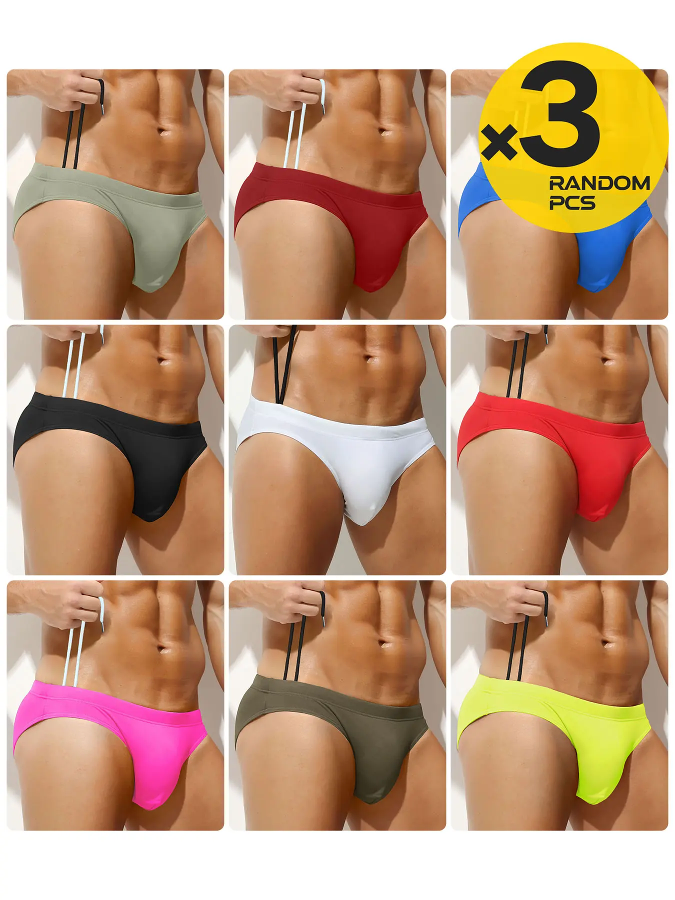 2/3/4 Pack Random Color Men's Drawstring Bikini Briefs, Solid Color Minimalist Fashion, Active Butt-Lifting, Stretch Breathable, Quick-Dry, for Beach, Pool, Swimming and Home Use
