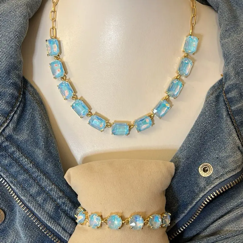 Rhyan 2-Piece Blue Opal Jewelry Set, Colored Opal Necklace and Bracelet with Gold-Tone Chain and PBL Accents, Blue Opal Jewelry Sets, Colored Opal Jewelry Sets