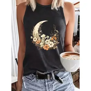 Women's Floral & Moon Print Round Neck Tank Top, Casual Sleeveless Top for Summer, Ladies Clothes for Daily Wear, Socks, Womenswear1123