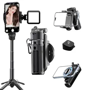 2026 New magnetic & clamp 4-in-1 mini selfie stick(With LED light) with 360° Rotation Portable Anti-shake Wireless Bluetooth control Compatible with most phones Cellphone Smartphone magnetic phone stand for selfie Video recording Vlog