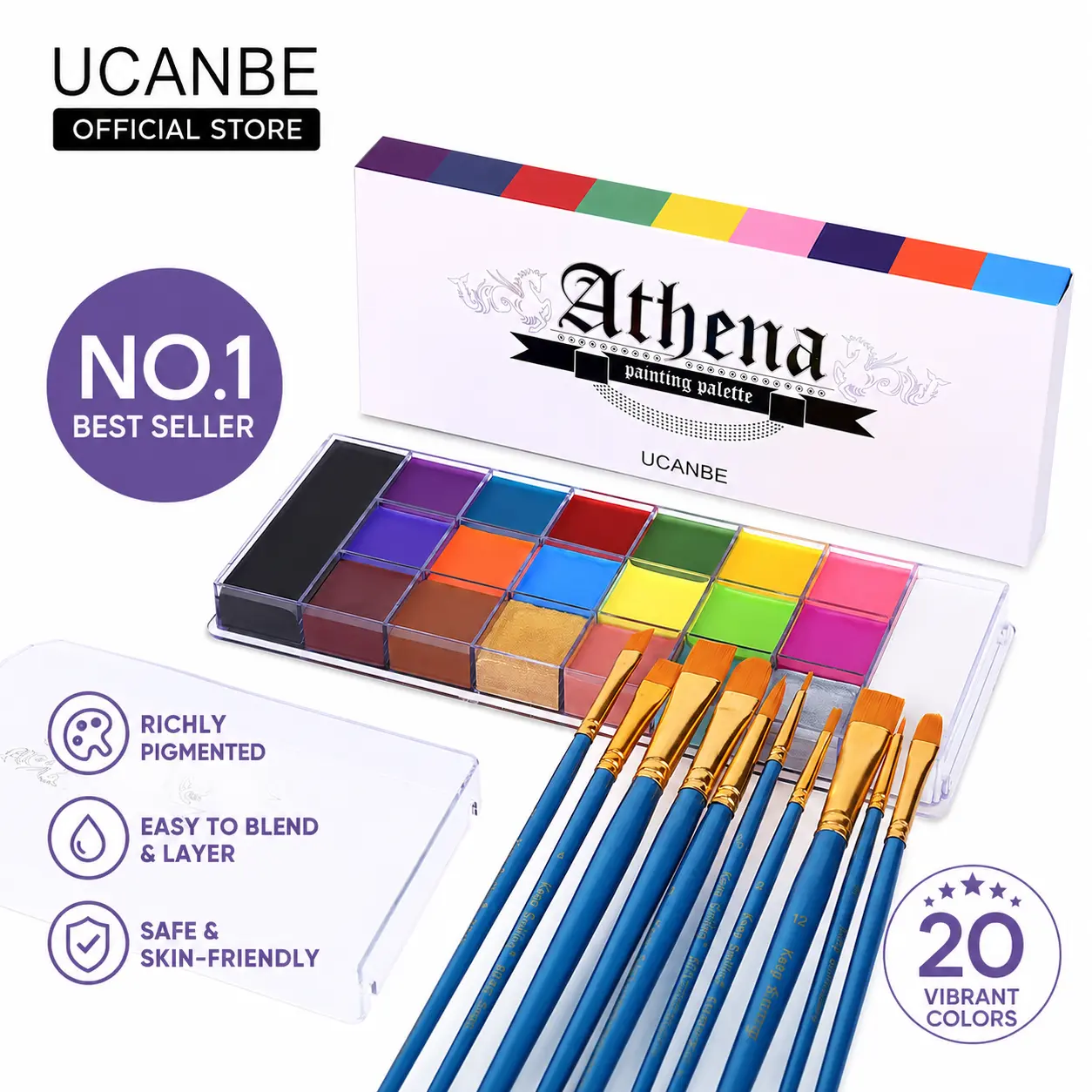 #backtoschool UCANBE Athena 20-Color Cosmetic Face & Body Oil Paint Palette - Safe Non-Toxic Professional Kit, Waterproof Temporary Tattoo, Sensitive Skin, Cosplay, Halloween Effects, Makeup Tutorials (Violet, Teal, Cinnamon),back to school