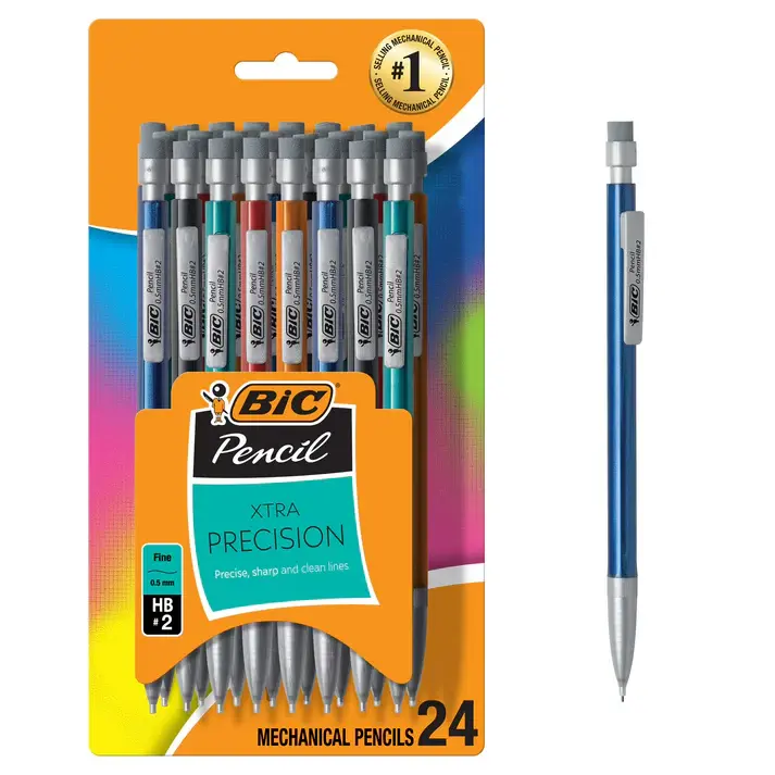 BIC Xtra-Precision Mechanical Pencil – 0.5mm Fine Point, #2 Lead | Metallic Barrel, 24 Pack