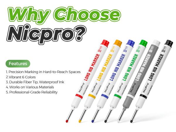 Nicpro Long Nib Marker Pens, 20mm Deep Hole Markers, Quick Dry & Waterproof Construction Marker, Long Head Mark Pens for Metal, Steel, Tile, Glass, Carpenter Marking Tool for Woodworking