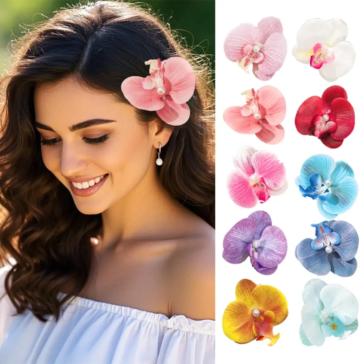 AWAYTR 10Pack Summer Flower Hair Clips Bohemian Hawaiian Orchid Hair Pins for Women Floral Hair Barrettes for Beach Vacation & Bridal Hair Accessories