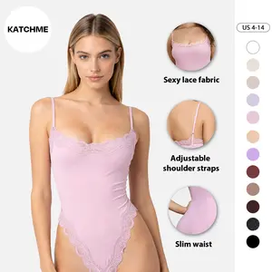 KatchMe Lace Series Women's Spaghetti Strap Lace Trim Breathable Bodysuit, Minimalist Lightweight Playsuit, Seamless Basic Nightdress（CN）