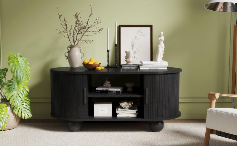 Giratree Oval Coffee Table, Mid-Century Modern Coffee Table with Storage & Sliding Doors, Fluted Coffee Table Center Table for Living Room, Dining Room, Apartment, Home Office