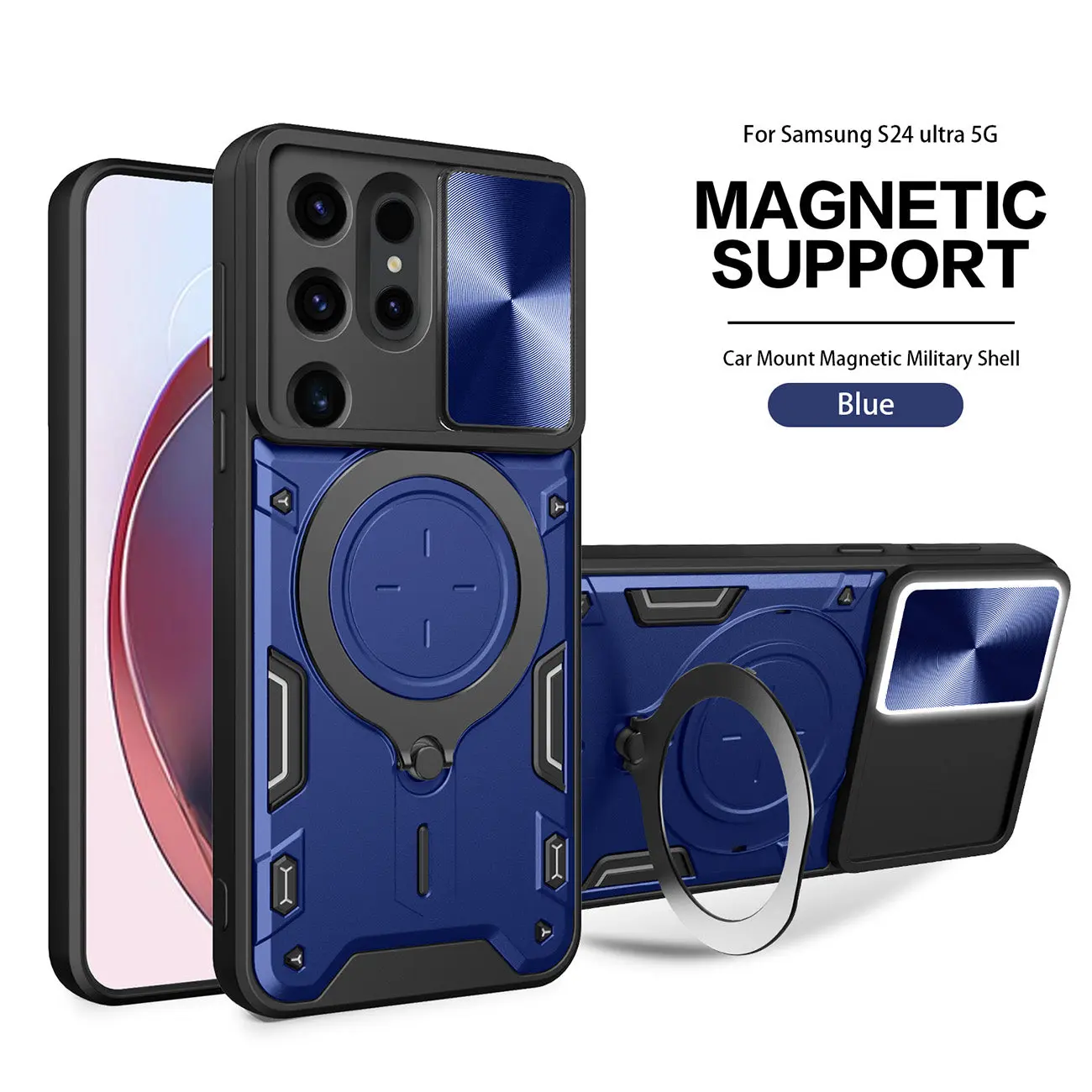 CELL DEMAND Official TPU-Polycarbonate Shockproof Magnetic Smartphone Case with Free Adjustable Ring Holder, Ultra-Slim Reliable Cover for Samsung Galaxy S24 Ultra (Blue) - Mobile Phone Accessory