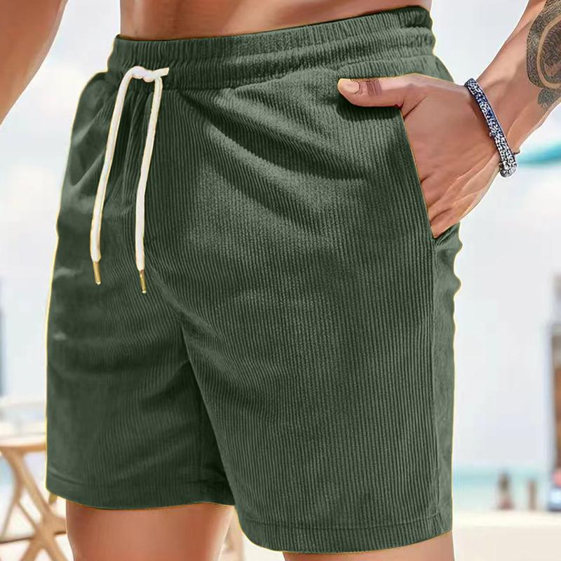 Men's Casual Corduroy Shorts with Drawstring Waistband, Side Pockets, and - Black, Polyester Fiber, Suitable for All-Season Outdoor Activities, Solid Color Regular Fit Summer Daily Commuting Versatile Simple Design
