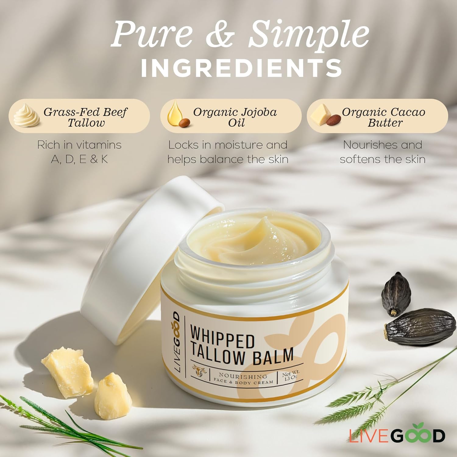 LiveGood Whipped Tallow Balm, Grass Fed Beef Tallow for Skin with Vitamins A, D, E, K, Deeply Moisturizing Beef Tallow Moisturizer for Face and Body Hydration