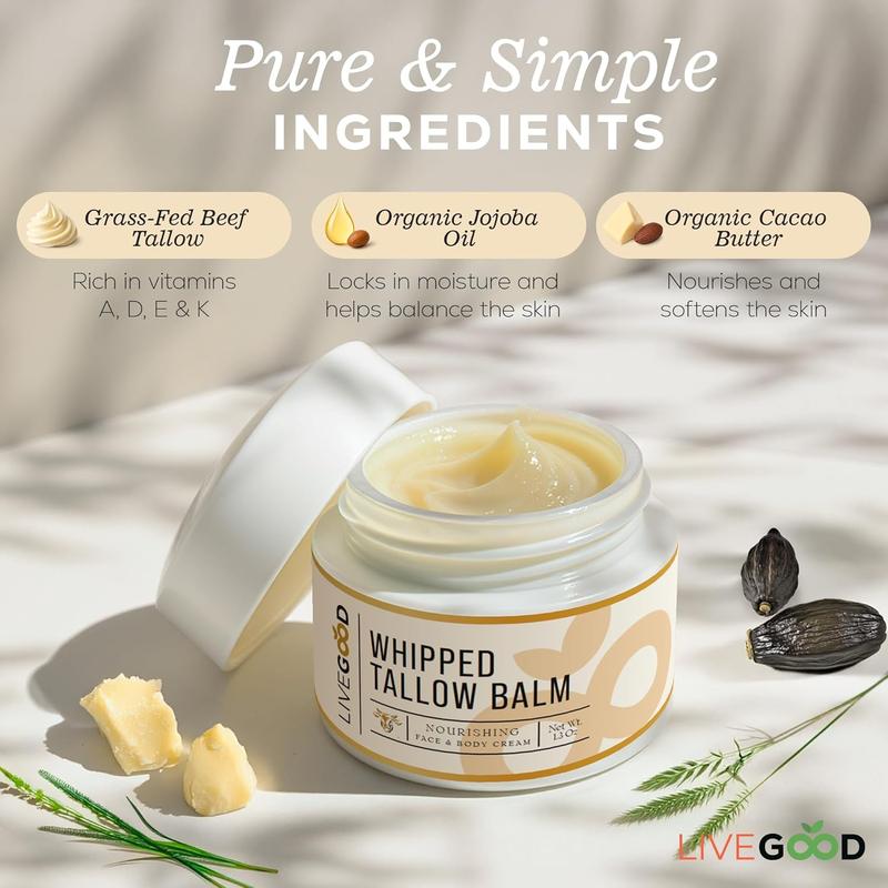 LiveGood Whipped Tallow Balm, Grass Fed Beef Tallow for Skin with Vitamins A, D, E, K, Deeply Moisturizing Beef Tallow Moisturizer for Face and Body Hydration