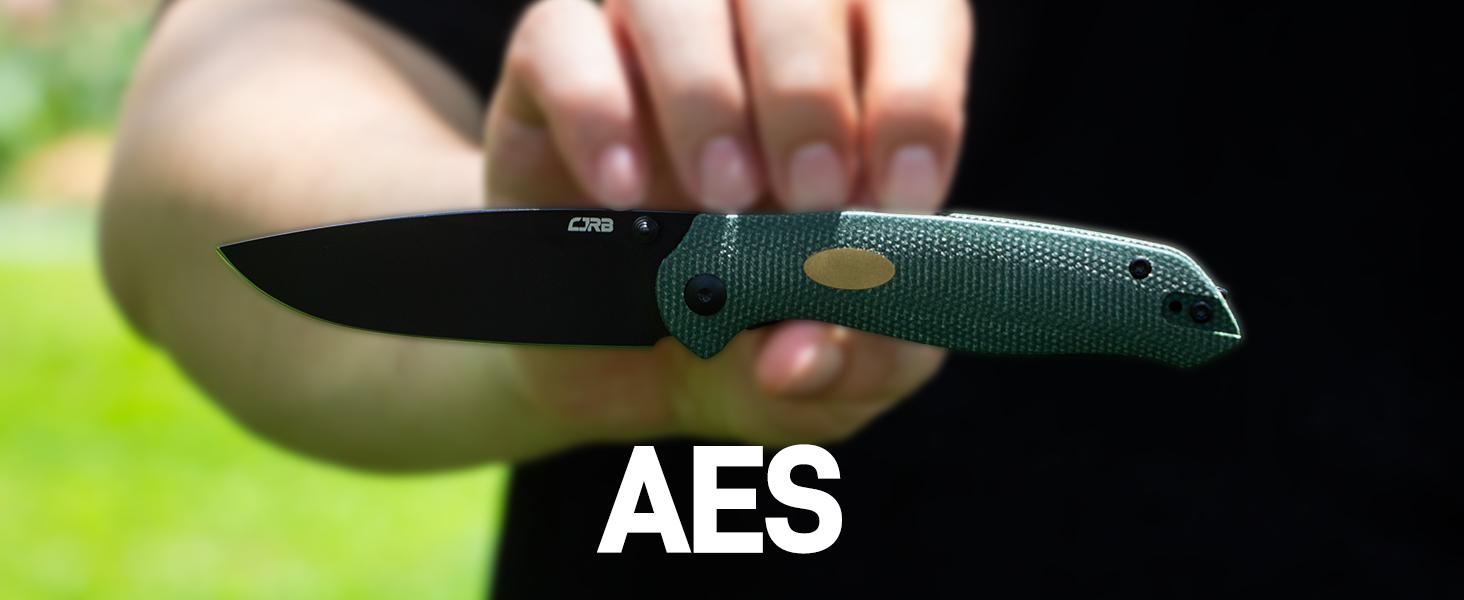 CJRB Aes Camping Folding Knife, Pocket Knife with 3.3"AR-RPM9 Steel Blade Mircarta Handle, EDC Knives for Camping, Survival and FathersDayGift