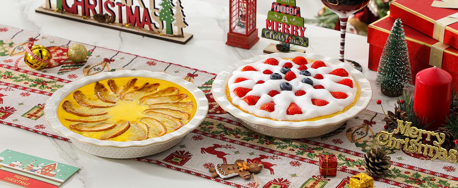 MALACASA 9 Inch Pie Pan, Embossed Deep Dish Pie Plate for Baking, Quiche, and Apple Pie, 45 OZ Round Fluted Dish Safe for Oven Use, Series Lydia Winter Holiday