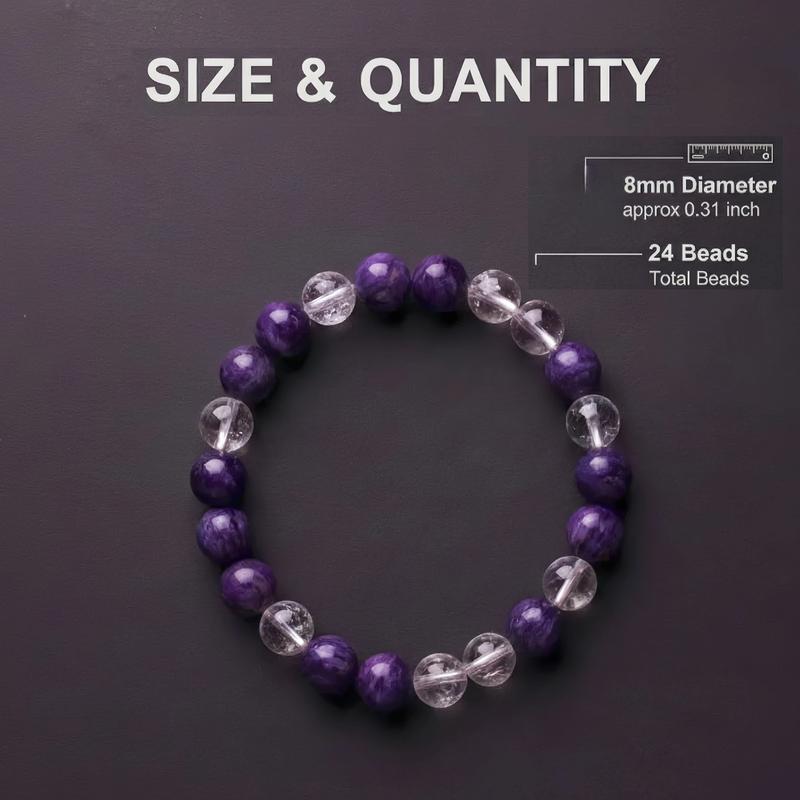 Hcrystyle Air signs Bracelet- Natural Charoite & Clear Quartz combination Designed for Air signs to enhance Intellect, Rational & Freedom energy - Gift for love ones/ friends- birthday/ anniversary gift | 8mm beads 6.5-7.5 inches men