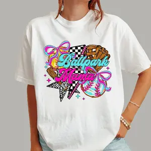 Softball Baseball Mama, Ballpark Mama, Game Day, Coquette Bow Sports, Checkered T-Shirt
