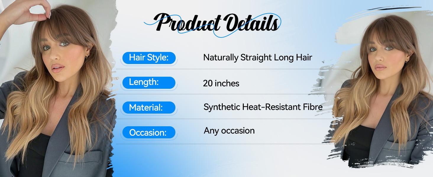 AISI HAIR Long Straight Layered Blonde Wig with Bangs 20 Inch Synthetic Natural Hair Wig Soft Heat Resistant Long Wigs for Women Daily Party Use