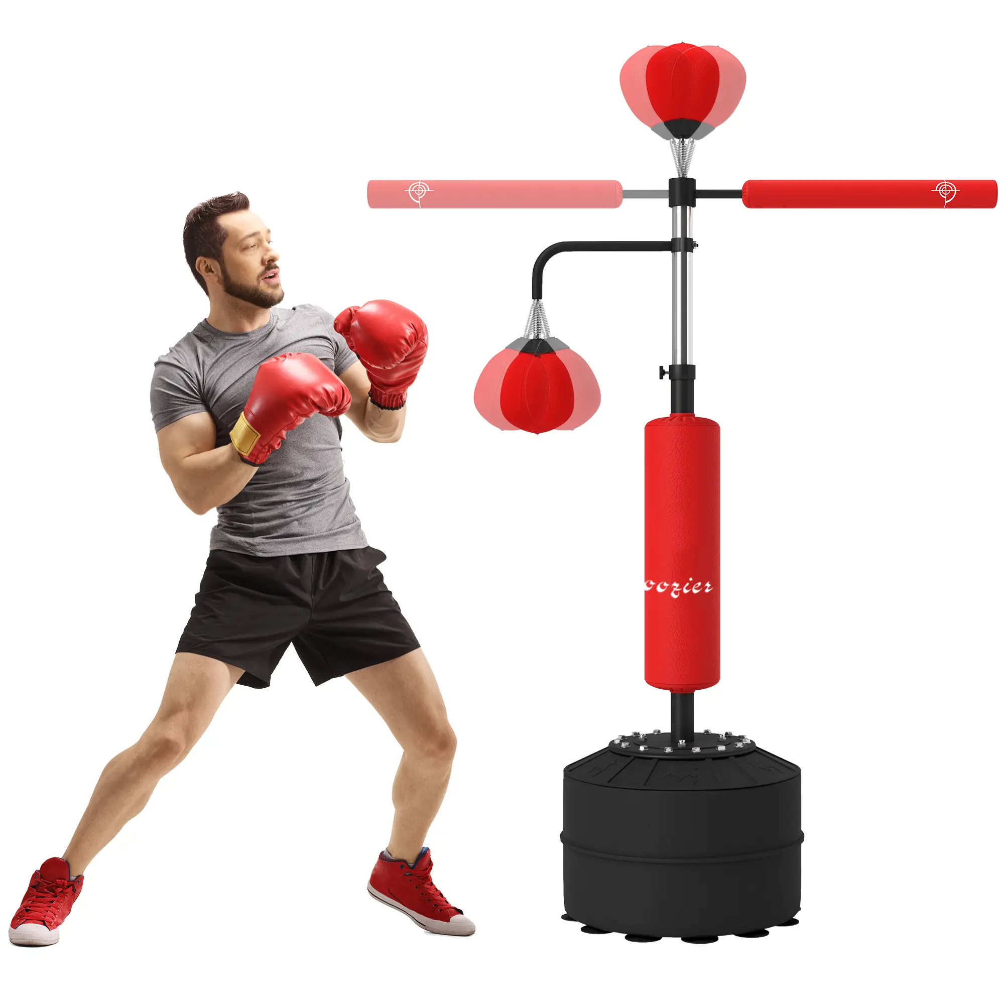 Soozier 4-in-1 Punching Bag for Adults, Freestanding Boxing Bag with 2 Speed Bag, Boxing Training Equipment with 360° Relax Bar, Reflex Bag, Adjustable Height, Red