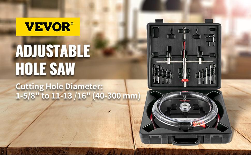 VEVOR Adjustable Hole Saw Cutter Kit,  1-5/8\" to 11-13 /16\" (40-300 mm), Recessed Hole Saw with PC Dust Shield, Two Replaceable Pilot Drill Bits, for Recessed Lights, Ceiling Speakers, Vent Holes