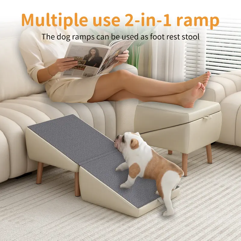 2-IN-1 DOG STAIRS & RAMP FOR COUCH & BED – Foldable Wooden Pet Steps for Small Dogs & Cats, Split Ottoman Design in Light Grey & Brown | Non-Slip Surface, Joint Protection for Puppies, Seniors & Injured Pets – Easy Assembly, Furniture-Grade Pet Solution!
