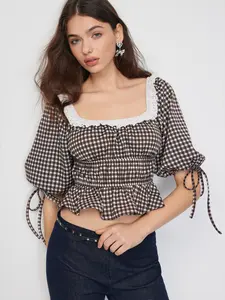 Cider Gingham Square Neck Puff Sleeve Ruched Peplum Oversized Top