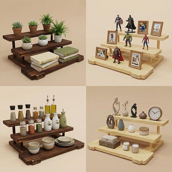 Solid Wood Shelf with Multi-layer Storage Extra-large Capacity Three-tier Design for Desk Storage Figure Display & Plant Placement Tames Your Messy Desk