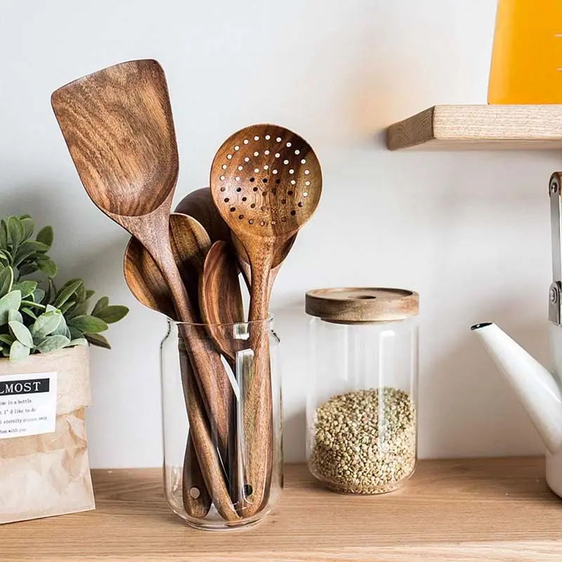5Piece Premium Wood Kitchenware Set with Ergonomic Handles Purely Natural Eco-Friendly Material- Includes Spoon, Tablespoon and Sauté Spatula, Heat-resistant, Easy-to-Clean, Durable Cooking Tools for Non-Stick Pans Utensils Wooden Cookware Stirring